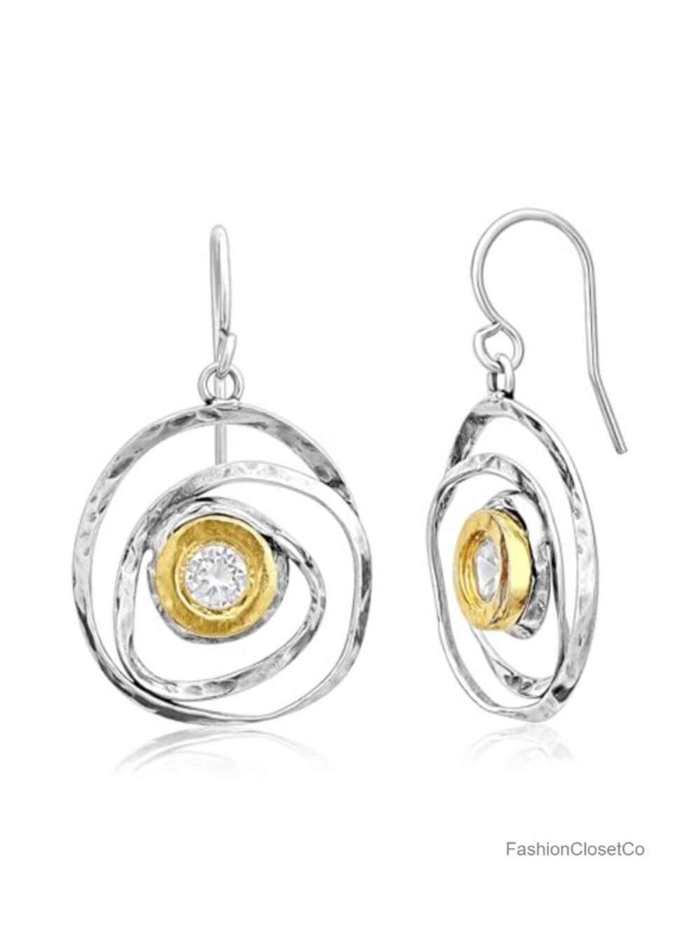 Mixed Metal Two Tone Dangle Earrings 925 Sterling Silver 14K Gold Over Silver CZ